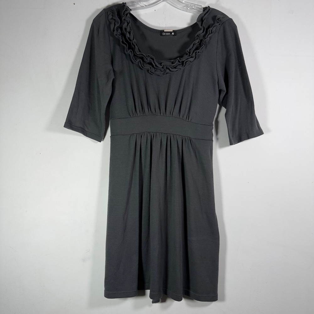 Star‎ Vixen Gray Ruffle Neck Empire Waist Tie Back Knit Dress Elbow Sleeve L38